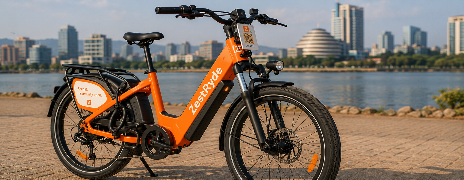 ZestRyde One parked on a waterfront promenade, orange step-through frame with the swappable battery in the downtube